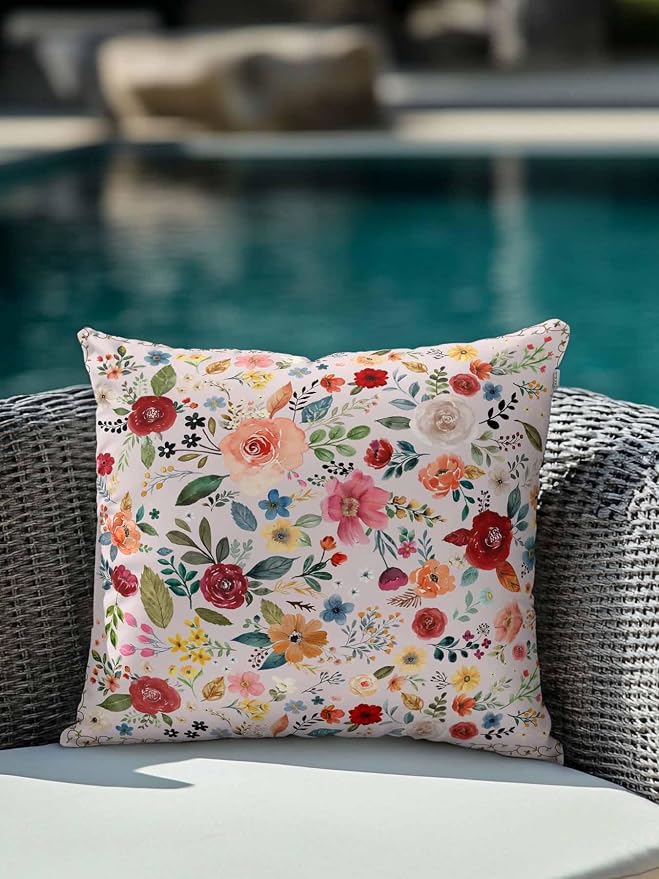 Outdoor Waterproof Throw Pillows Watercolor Leaf Colorful Bloom Floral Patio Pillows,Decorative Pillow Covers with Insert,Pillow Cushion Case for Garden Couch Sofa Vintage Country on Pink