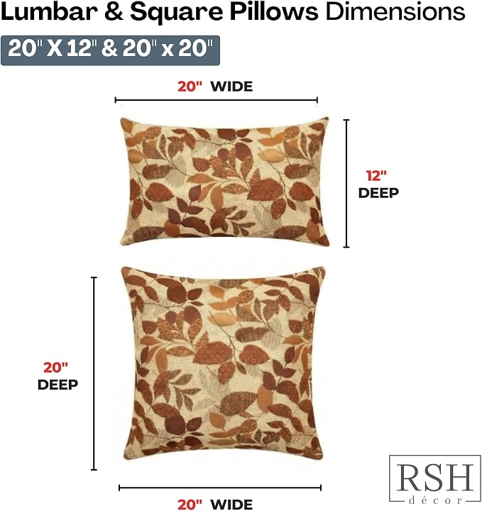 RSH DECOR: Sunbrella Lumbar & Square Pillows Set of 4 | 20" x 12" & 20" x 20" | Water and Fade-Resistant Performance Fabric | Outdoor Throw Pillows for Patio Furniture | Made in USA (Gentry Sequoia)