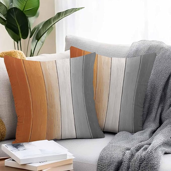 Throw Pillow Covers 16x16 Inch Set of 2, Burnt Orange Gray Ombre Waterproof Outdoor Cushion Covers, Vintage Farmhouse Wooden Decorative Pillowcases for Couch, Sofa, Bed, Garden, Patio