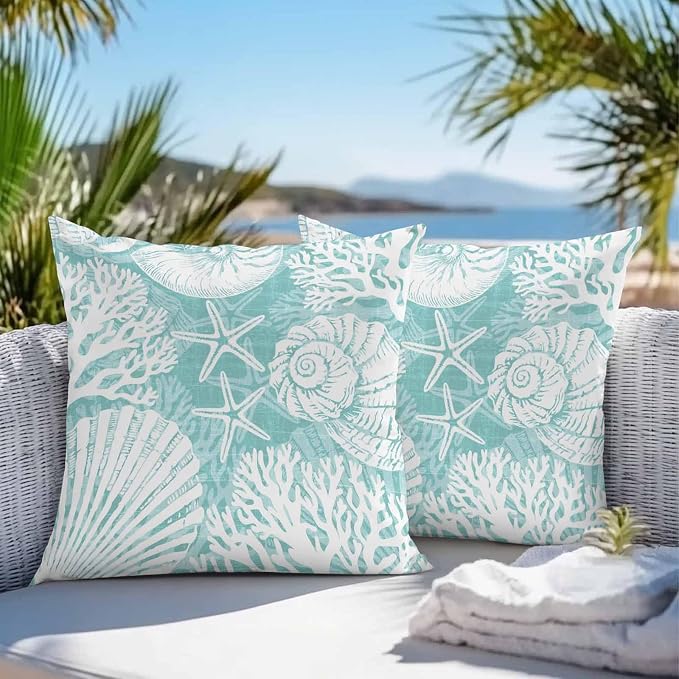 Outdoor Pillow Covers 16x16 Inch Set of 2, Teal Green Starfish Coastal Waterproof Throw Pillow Covers, Summer Coral Shell Beach Nautical Decorative Cushion Pillowcases for Couch Sofa Bed Garden Patio