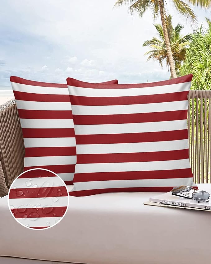 Outdoor Waterproof Pillow Covers for Patio Furniture Merry Christmas Decorative Throw Pillow Cover Red And White Stripes Pillowcases Set of 2 Cushion Case for Sofa Couch Chair Home Decor 16 x 16 In