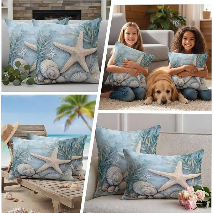 Ocean Coral Outdoor Waterproof Throw Pillow Covers Set of 2, 18"x18", Shell Starfish Plant Leaf Coastal Rustic Decorative Pillow Covers Outside Cushion Case for Patio Porch Garden