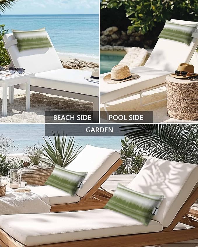 Outdoor Pillows Waterproof Covers Set of 2, Abstract Art Waves Elastic Chaise Lounge Headrest Pillow Covers, Stripes Watercolor Gradient Sage Green Lumbar Pillow for Beach Patio Furniture 11x16 Inch