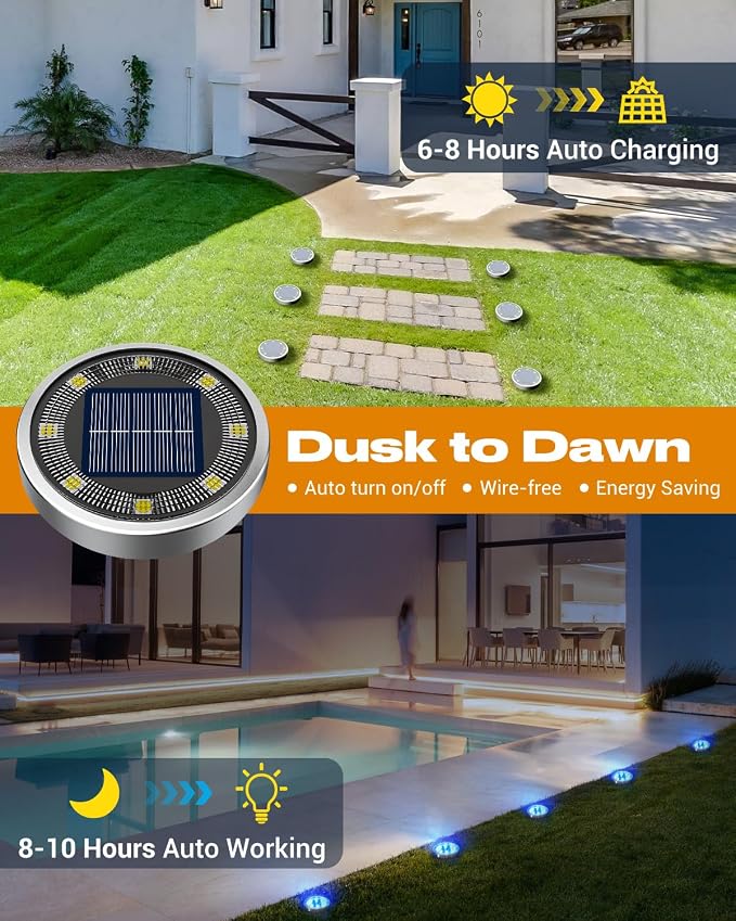 btfarm 4 Pack Solar Lights Outdoor, 8 LED Solar Ground Lights IP65 Waterproof Flat Solar Disc Light, Pathway Lights for Garden Lawn Patio Yard Path Landscape, Blue