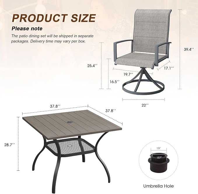 VICLLAX 5 Pieces Outdoor Dining Set, Patio Furniture Set Includes 38" Square Metal Table W/ 1.9" Umbrella Hole and 4 Padded Textilene Swivel Chairs for Porch, Lawn, Garden, Backyard