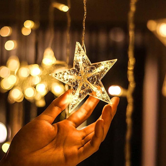 Dazzle Bright Ramadan Curtain String Lights, 138 LED 8.2ft x 3.2ft Warm White Star Moon 8 Lighting Modes Fairy Lights with Remote for Bedroom Wall, Wedding, Outdoor Party, Ramadan Decorations