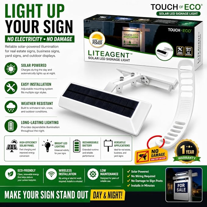 LITEAGENT PRO Upgrade Solar LED Sign Light for Real Estate Yard Signs, Tool-Free No-Drill Installation, Adjustable Quick-Mount Strap, Fits Sign Posts, Includes Wall Mount Bracke
