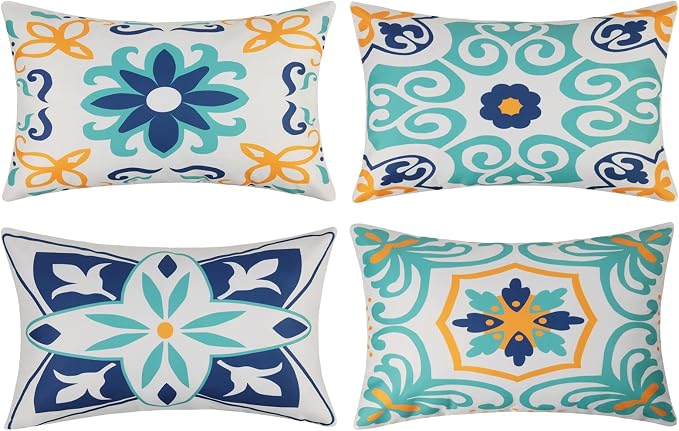 Pyonic Outdoor Waterproof Lumbar Pillow Covers 12x20 Inch Set of 4 | Floral Printed and Boho Farmhouse Outdoor Pillow Covers for Patio Funiture Garden ,Blue