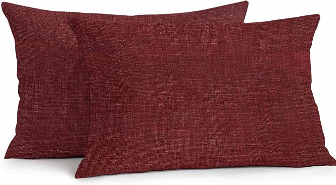 Vandarllin Outdoor Throw Pillows Covers 20x12 inch Set of 2 Waterproof Wine Red Linen Decorative Zippered Cushion Covers for Patio Furniture, Farmhouse Pure Color Lumbar Pillowcases