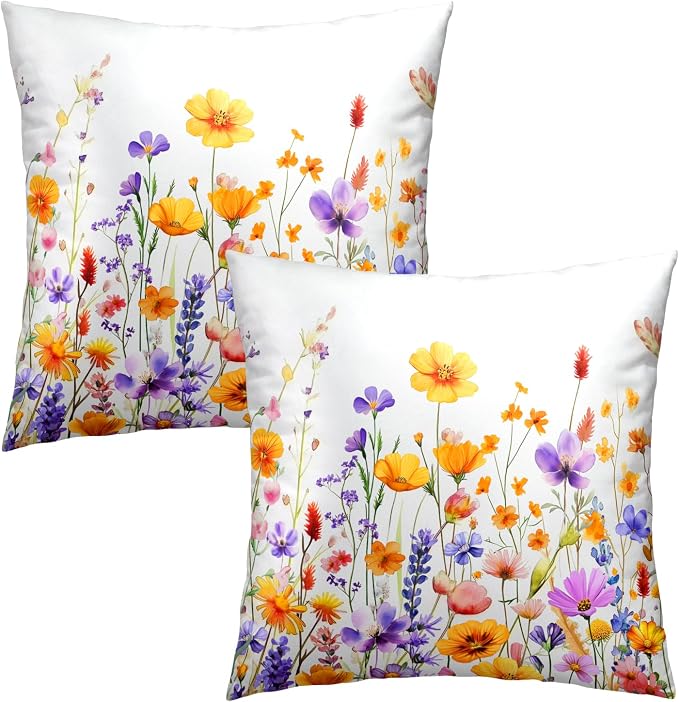 Summer Wildflowers Throw Pillow Covers Set of 2-20x20 Inch Watercolor Orange Purple Floral Printed Washable Pillowcases for Sofa Bed Couch Home Apartment Indoor Outdoor Decor