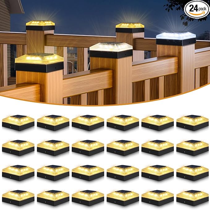 4x4 Solar Post Cap Lights Outdoor 24 Pack, 3 Color Modes/Dusk to Dawn/IP65 Waterproof, Fits 4x4 Vinyl/PVC Wood Posts Top, Black LED Fence Topper Light for Deck, Backyard