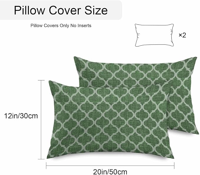 Dark Green Moroccan Outdoor Pillow Covers 20x12 Inch Lumbar Pillow Covers Set of 2 Waterproof Decorative Throw Pillow Cases Middle Century Quatrefoil Plaid Art Cushion Covers for Patio Furniture