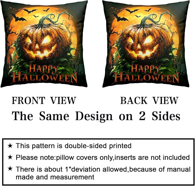 Happy Halloween Pillow Covers Moon Bat Pillow Cases Spooky Pumpkin Throw Pillow Covers 20x20 Set of 2 Jack-O'-Lantern Cotton Blend Cushion Cases for Home Farmhouse Sofa Couch