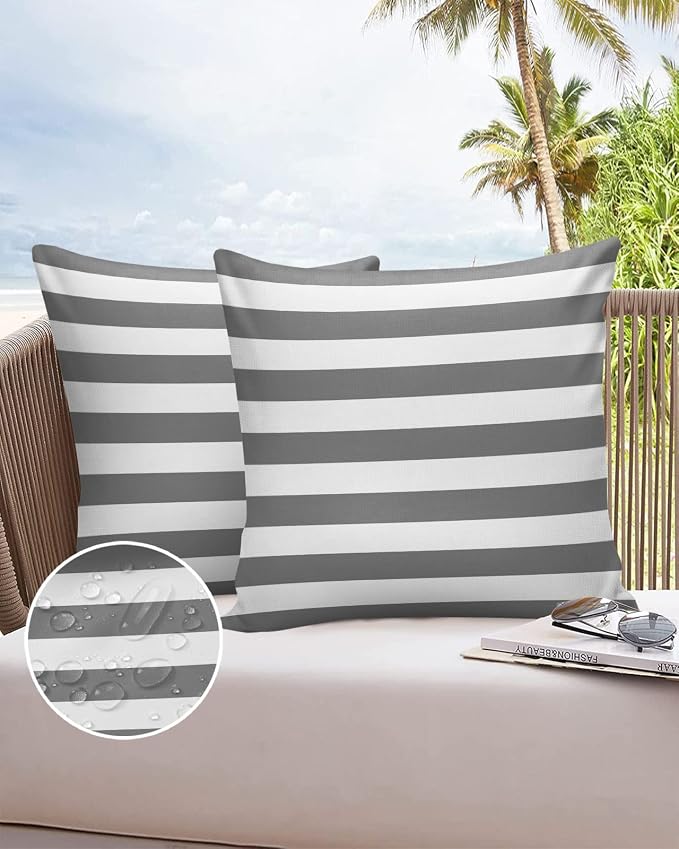 Outdoor Waterproof Pillow Covers for Patio Furniture Grey and White Stripes Decorative Throw Pillow Cover Solid Striped Pillowcases Set of 2 Cushion Case for Sofa Couch Chair 20 x 20 in