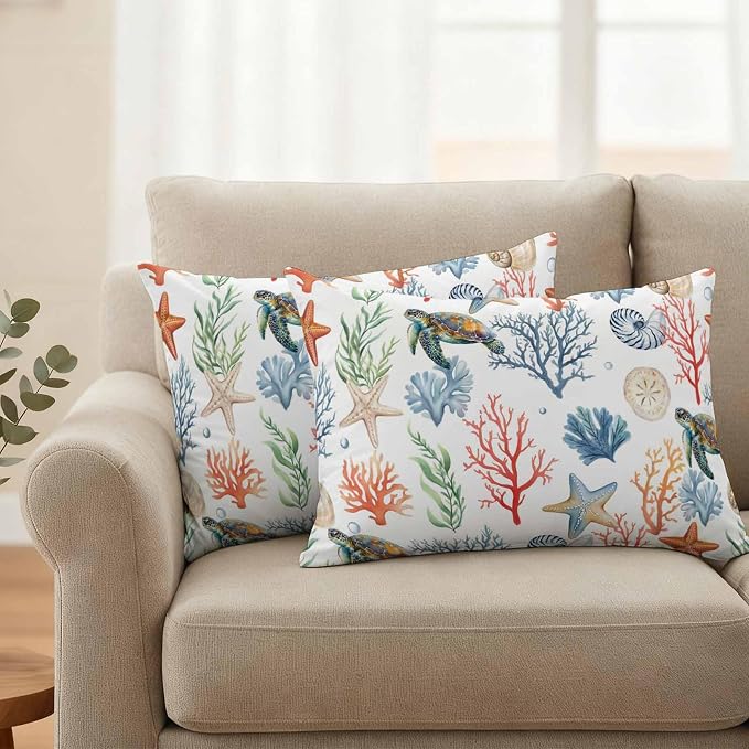 Summer Ocean Outdoor Waterproof Pillow Covers Pack of 2, Nautical Coastal Sea Turtles Shells Corals Starfish Decorative Throw Pillowcases Cushion Covers for Garden Patio Tent Sofa Couch, 20x12 inch