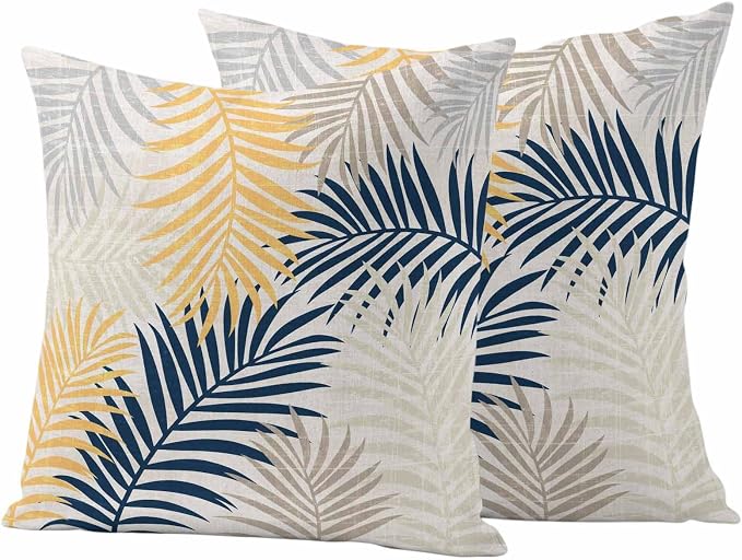 Outdoor Waterproof Throw Pillow Covers, Blue Yellow Palm Leaves Decorative Pillow Cases, Summer Botanical Tropical Leaf Couch Pillow Protector Patio Sofa Cushion Covers Replacement 24"x24" 2 Pack
