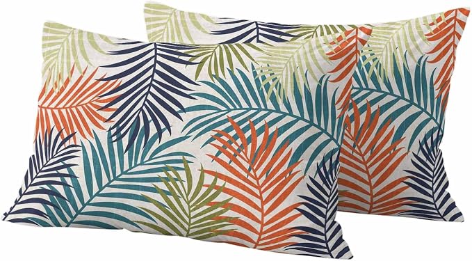 Outdoor Waterproof Throw Pillow Covers, Orange Green Blue Palm Leaves Decorative Pillow Cases, Summer Botanical Tropical Leaf Couch Pillow Protector Patio Sofa Cushion Covers 20"x12" 2 Pack