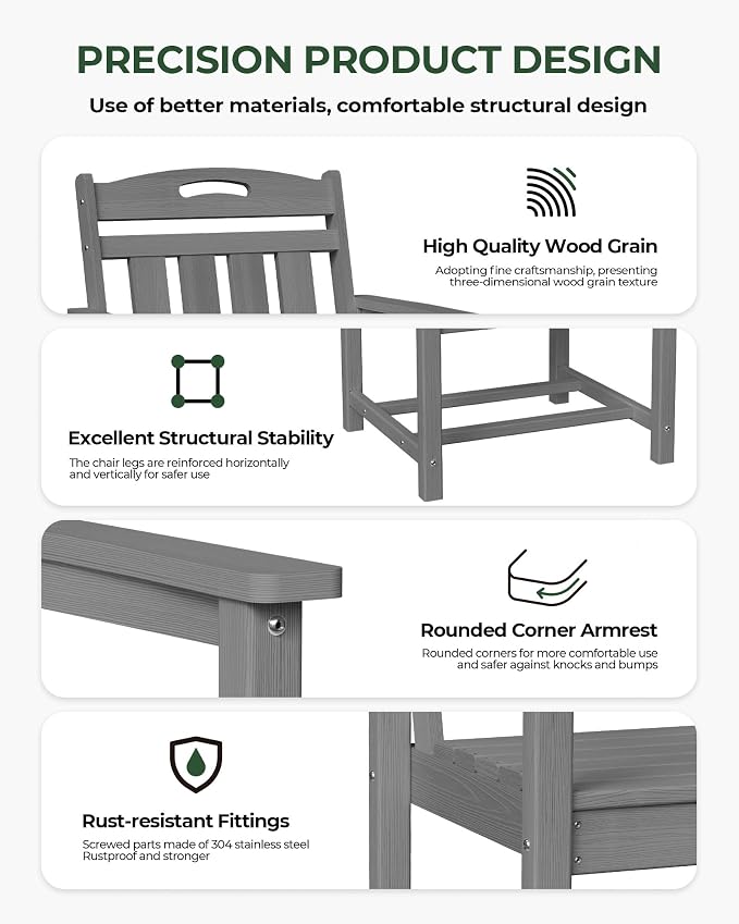 Patio Chairs Set of 2, HDPE Outdoor Dining Chairs with Wide Seat, All Weather Oversized Porch Chair for Garden, Backyard, Deck - Grey