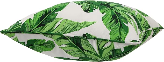Outdoor Throw Pillow with Insert 18x18 Inch, Set of 2, Piping Edge Waterproof Fade Resistant Decorative Fluffy Pillows for Patio Furniture Chair Bench Couch Sofa - Green Leaves White