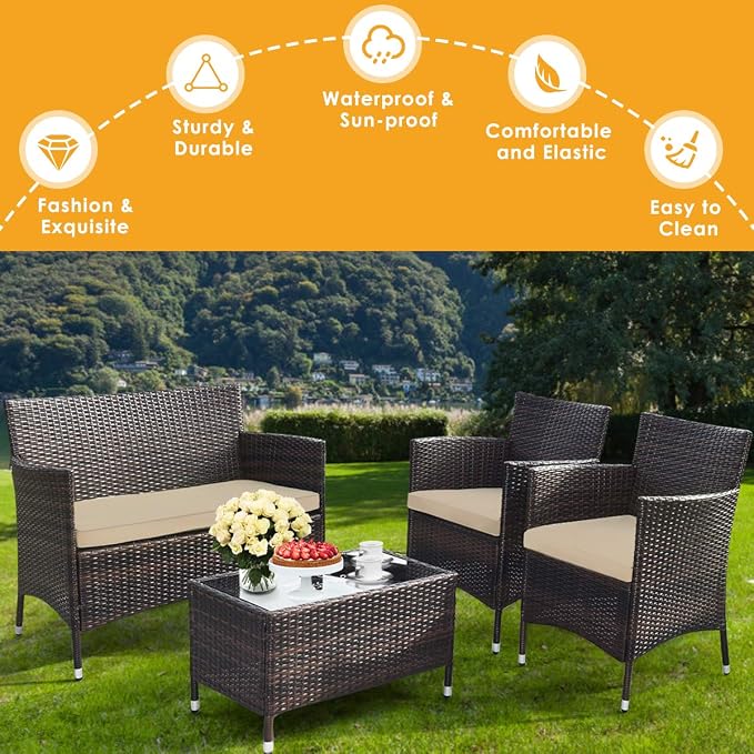 HAPPYGRILL 4-Piece Patio Furniture Set Outdoor Rattan Wicker Conversation Set with Cushioned Sofa and Coffee Table for Porch Backyard Garden Poolside