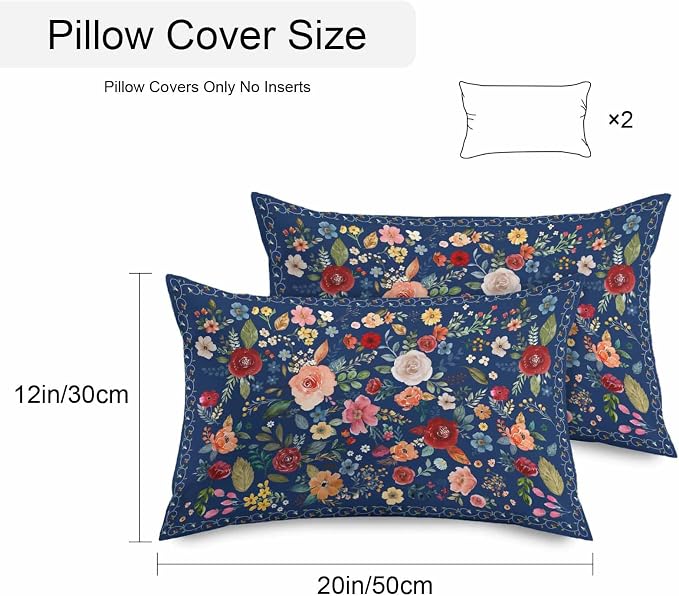 Vandarllin Outdoor Throw Pillows Covers 20x12 inch Set of 2 Waterproof Navy Blue Floral Decorative Zippered Cushion Covers for Patio Furniture, Farmhouse Vintage Flower Lumbar Pillowcases