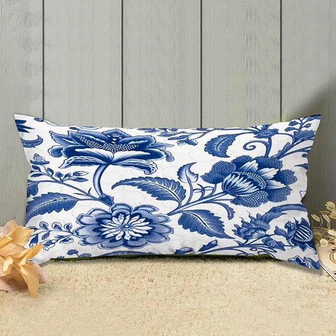 Set of 2 Blue and Ivory Indigo Floral Pillow Covers 12x24in Farmhouse Canvas Cushion Covers Outdoor for Couch Chair Home Decor for Family Friends