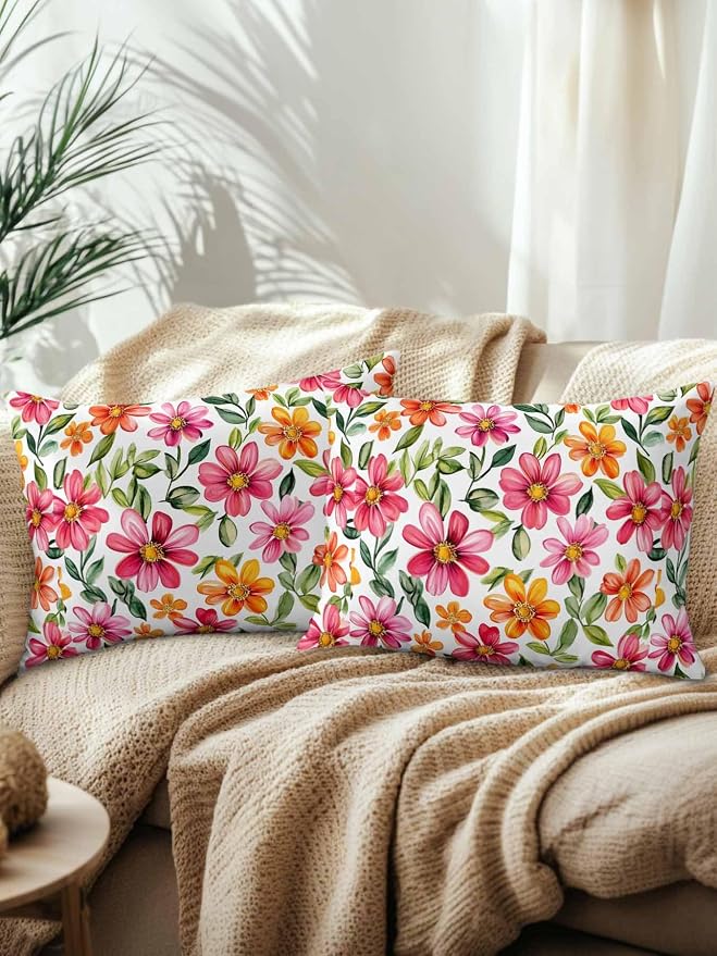 Outdoor Waterproof Throw Pillows Spring Watercolor Wild Flower Patio Pillows Pack of 2,Decorative Pillow Covers with Insert,Pillow Cushion Case for Garden Couch Sofa Country Small Pink Flower