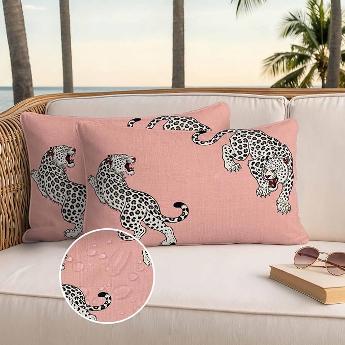 Yukro Pink Leopard Outdoor Waterproof Pillow Covers Pack of 2, Modern Style Wild Animal Rustic Linen Texture Throw Pillowcases Decorative Cushion Covers for Garden Patio Tent Sofa Couch, 20x12 inch