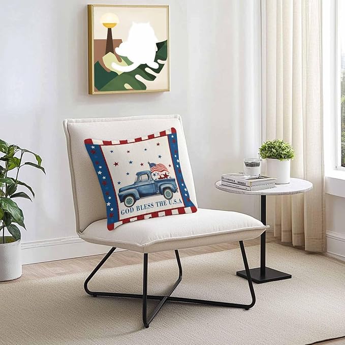 Independence Day Outdoor Pillow Covers Set of 2,Farm Blue Truck American Flag Star Decorative Waterproof Throw Pillow Case, Patriotic Red Plaid Cotton Linen Soft Cozy Cushion Pillowcases 16x16In