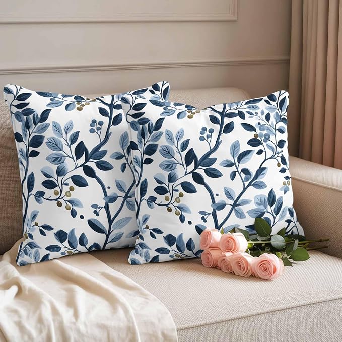 Throw Pillow Covers 24x24 Inch Set of 2, Navy Blue Botanical Waterproof Outdoor Pillow Covers, Summer Spring Leaves Decorative Cushion Pillowcases for Couch, Sofa, Bed, Garden, Patio