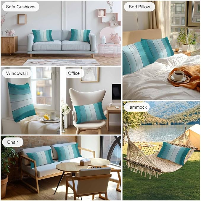Lumbar Pillow Covers 20x12 Inch Set of 2, Aqua Ombre Waterproof Outdoor Cushion Covers, Vintage Country Wooden Decorative Pillowcases for Couch, Sofa, Bed, Garden, Patio