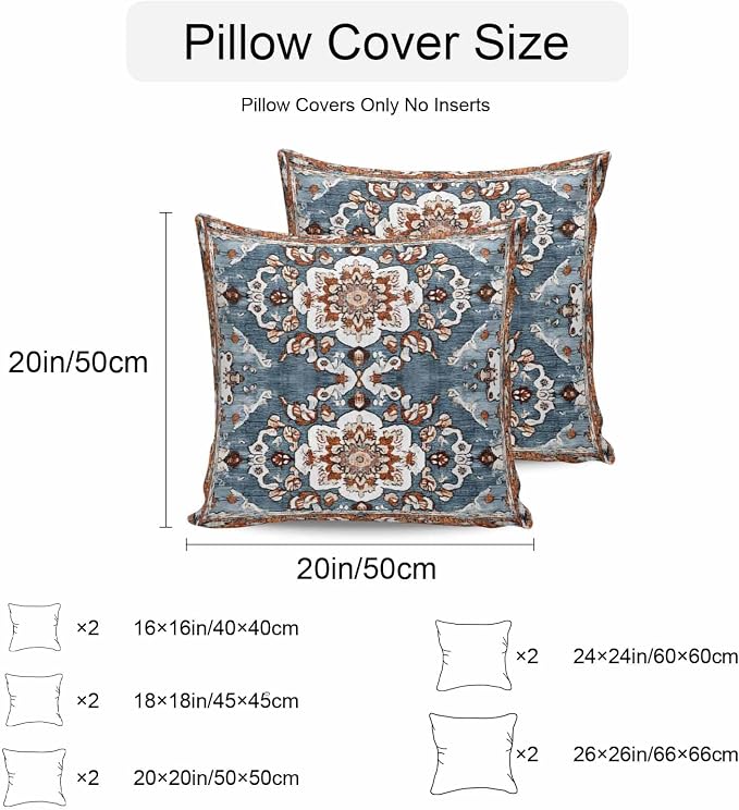 Blue Bohemian Waterproof Outdoor Pillow Covers Set of 2 Home Decor, Retro Pattern Oriental Farmhouse Ethnic Pillowcase Patio Pillow Covers for Couch Bench Furniture Garden 20x20in