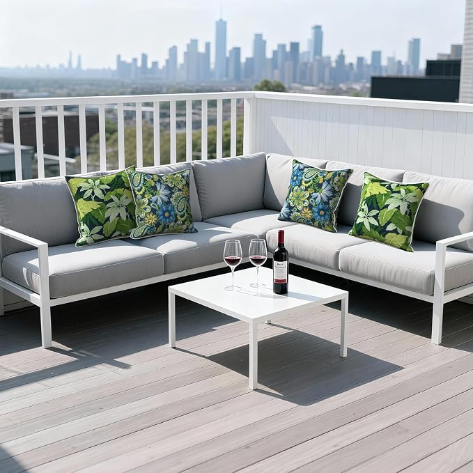 Outdoor Throw Pillows Inners, Fade Resistant Patio Furniture Square Pillows with Piping Set of 2 for Patio Furniture, 18x18 Inch, Jungle Leaves