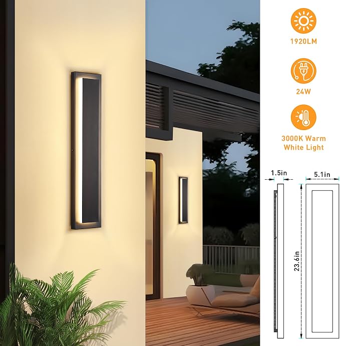 23.6 in Porch Lights Outdoor Sconce Light Exterior Lighting Fixture | Black LED Long Outdoor Wall Light For Porch,Front Door ,House,Patio, Waterproof, LED 24W 3000K Warm White,360° Angle,1 Pack