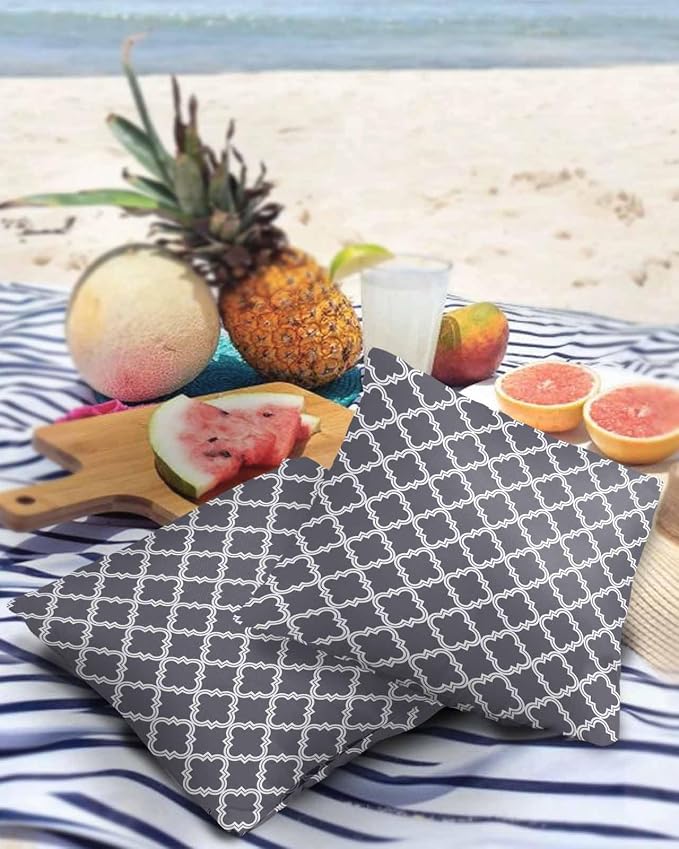 Outdoor Waterproof Pillow Covers for Patio Furniture Moroccan Pattern Decorative Throw Pillow Cover Dark Grey Pillowcases Set of 2 Cushion Case for Sofa Couch Chair Home Decor 18x18 inch