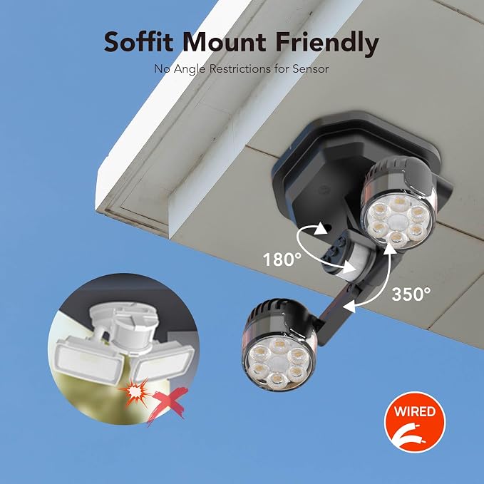 OREiN Motion Sensor Outdoor Security Lights, Dual-Head Adjustable LED Flood Lights, 3 Modes (Motion/Manual/Dusk to Dawn), 150W Equivalent, 5000K, IP65 Waterproof, Hardwired, Black (2 Pack)
