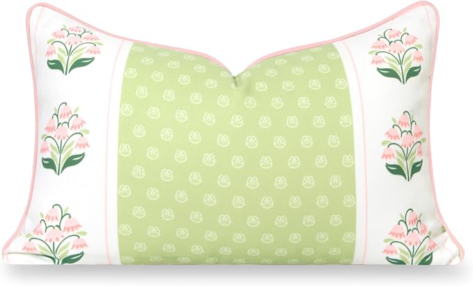 Hofdeco Premium Grandmillennial Patio Indoor Outdoor Lumbar Pillow Cover Only, 12"x20" Water Repellent for Backyard, Couch, Poolside, Grass Green Pink Print Block Print Striped Lily of the Valley