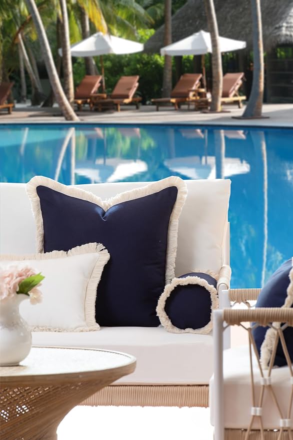 Hofdeco Premium Coastal Hampton Style Patio Outdoor Performance Pillow Cover Only, 20"x20" Water Repellent, UV and Fade Resistant for Backyard, Couch, Dark Navy Blue Solid with Fringe