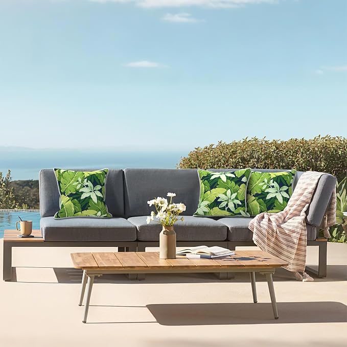 LVTXIII Outdoor Throw Pillows 20x20 Patio Waterproof Square Pillows with Piping Fade Resistant Accent Pillow for Spring Summer Garden Decoration, Set of 2, Jungle Leaves