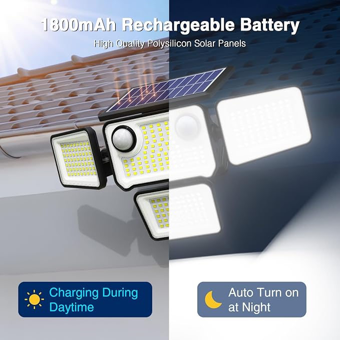 4500LM Solar Lights Outdoor Waterproof, 254 LED Solar Flood Lights Outdoor with 2 Motion Sensor, 4 Heads Security Light with Remote Control for Yard Outside House Garage 4 Pack