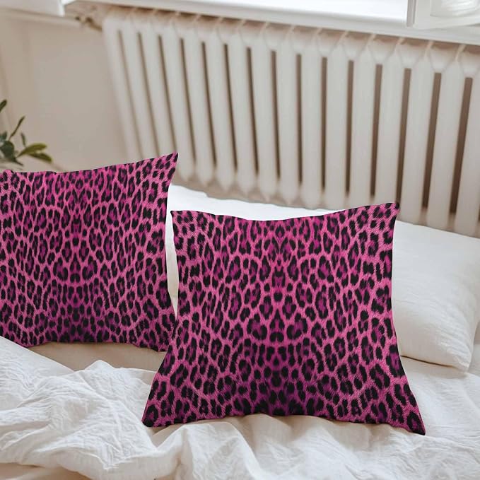 Vandarllin Outdoor Throw Pillows Covers 18x18 inch Set of 2 Waterproof Pink Leopard Print Decorative Zippered Cushion Covers for Patio Furniture, Retro Animal Fur Pattern Lumbar Pillowcases