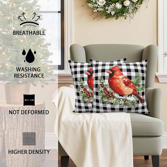 Vandarllin Christmas Outdoor Throw Pillows Covers 16X16 Set of 2 Waterproof Red Cardinals Decorative Zippered Lumbar Cushion Covers for Patio Furniture, White Black Buffalo Check Plaid