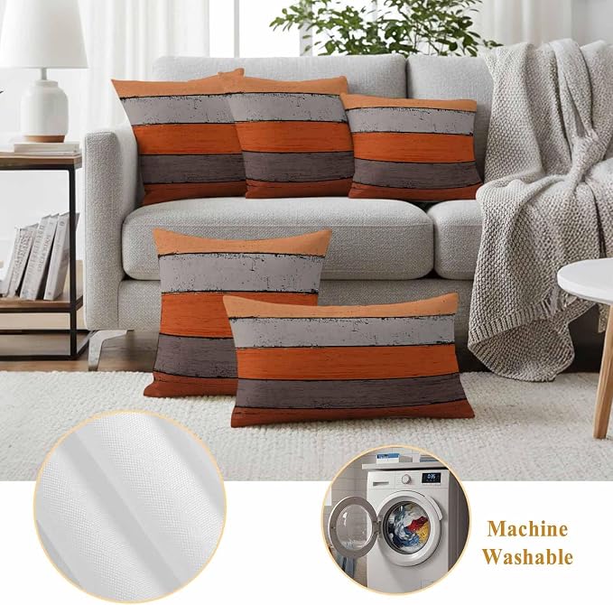 Outdoor Throw Pillow Covers 18X18 Set of 2 Waterproof Ombre Burnt Orange Gray Decorative Zippered Cushion Covers for Patio Furniture, Farmhouse Retro Rustic Barn Wood Texture Lumbar Pillowcases