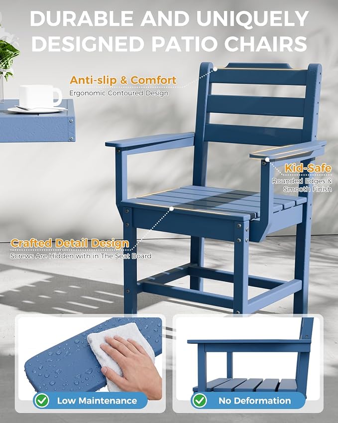K Knowbody 7-Piece Outdoor Patio Dining Table and Chairs Set, Seats 6 | Steel-Reinforced HDPE, 100 lb/sq ft Load Capacity, 2-Inch Umbrella-Ready Tables, All-Weather, Fade-Resistant, Navy Blue