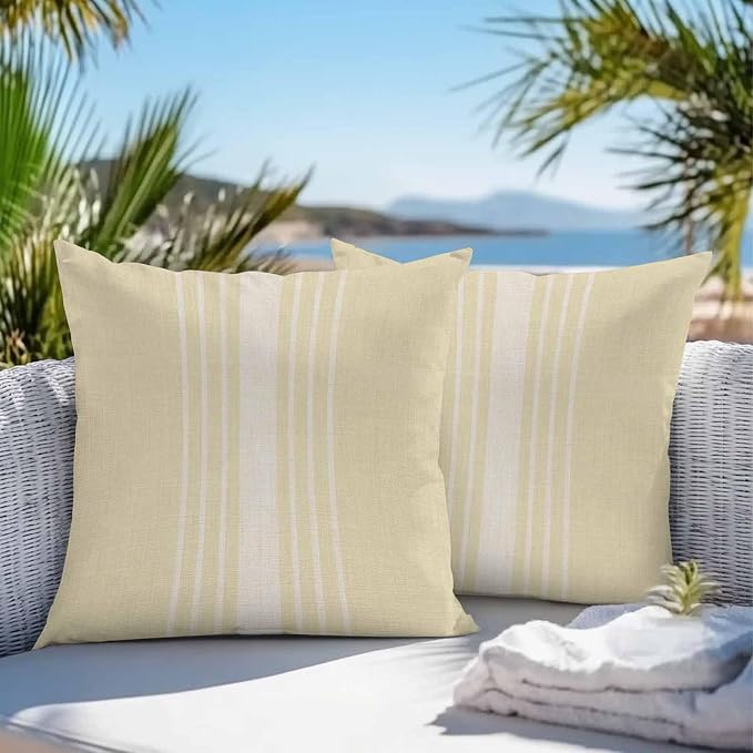 Throw Pillow Covers 18x18 Inch Set of 2, Cream Beige Striped Waterproof Outdoor Cushion Covers, Modern Farmhouse Retro Lines Decorative Pillowcases for Couch, Sofa, Bed, Garden, Patio