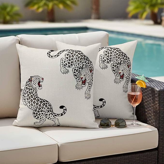 Yukro Beige Leopard Outdoor Waterproof Pillow Covers Pack of 2, Modern Style Wild Animal Rustic Linen Texture Throw Pillowcases Decorative Cushion Covers for Garden Patio Tent Sofa Couch, 18x18 inch