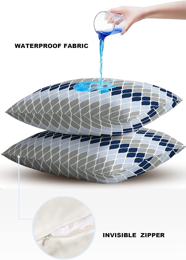 Outdoor Pillows 18x18 Waterproof Outdoor Pillow Covers, Geometic Mid Century Geo Polyester Throw Pillow Covers Garden Cushion Decorative Case for Patio Couch Decoration Set of 2, Navy Blue Grey