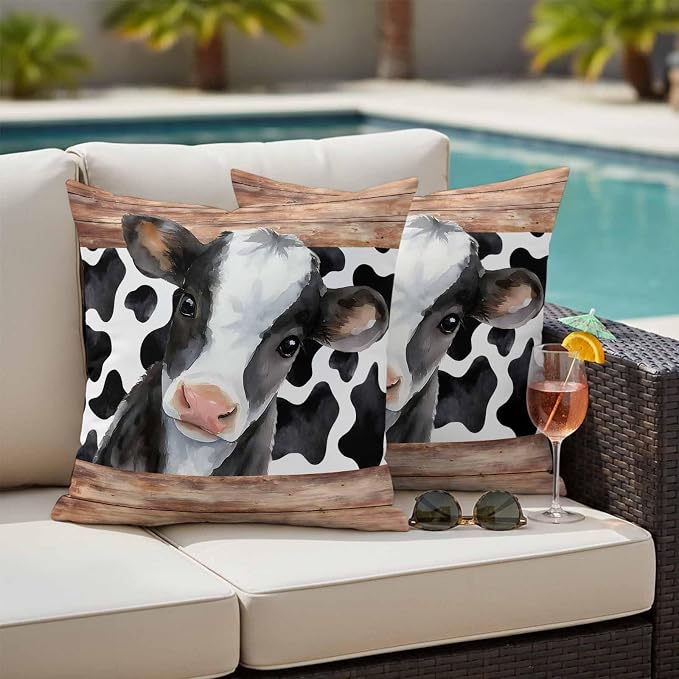 Cow Printed Outdoor Pillow Covers 18x18 Inch Throw Pillow Covers Set of 2 Waterproof Decorative Pillow Cases Farmhouse Watercolor Country Wooden Grain Cushion Covers for Patio Furniture Garden Couch