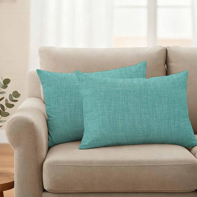 Outdoor Waterproof Throw Pillow Covers Set of 2 Turquoise Linen Lumbar Pillowcases 20x12 Inches Farmhouse Pure Color Decorative Pillows Cushion Case Patio Pillows for Couch Bed Chair Garden