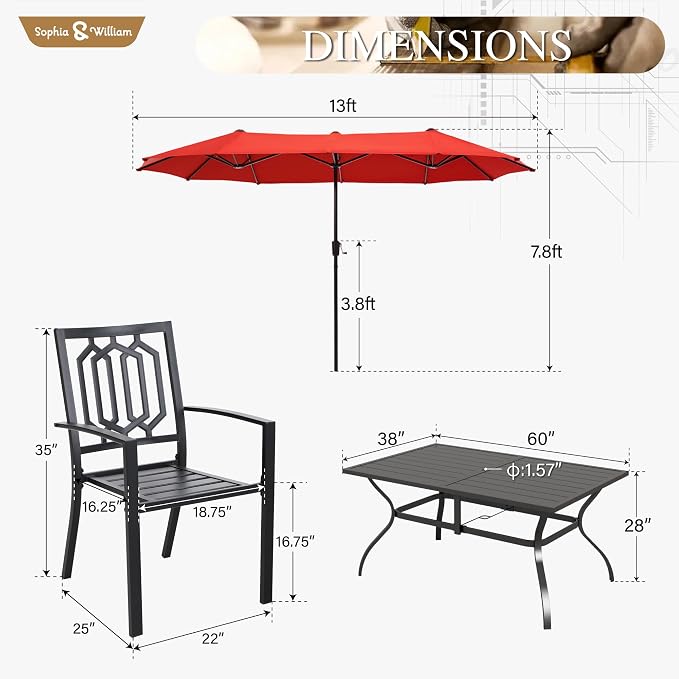 Sophia and William 8 Piece Patio Dining Set for 6 with 13ft Double-Sided Patio Umbrella, Metal Outdoor Table Furniture Set with 6 Outdoor Chairs, 1 Rectangle Dining Table and 1 Orange Red Umbrella